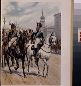 皇帝アレクサンドル 1 世パブロヴィチ (1777-1825) とロシアのコンスタンティン パブロヴィチ大公 (1779-1831)。 (皇帝アレクサンドル 1 世とロシアのコンスタンティヌス パブロヴィチ大公)。 Bronislaw Gembarzewski (1872-1941) の作品、リトグラフ。 ファイン ポリッシュ アート 1 作： Bronislaw Gembarzewski