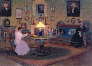 祖母に本を読み聞かせる少女（油彩・板） 作： Bronislawa Rychter Janowska