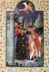 ジャン・ド・ベリー公（1340-1416）とその遺産管理人。ジャン・ランブール（1370-1416）による「ベリー公爵の豊かな時間」のための細密画 1440年頃 パリB.N. 作： Brothers Limbourg