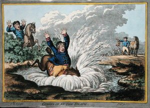 ジェームズ・ギルレイ（1757-1815）が1800年にハンナ・ハンフリー社から出版したエッチング作品「Coming in at the Death」（手彩色のエッチング）。