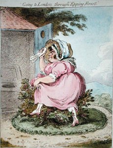 エピング・フォレストを通ってロンドンへ行く」ジェームズ・ギルレイ（1757-1815）がエッチングし、1802年にハンナ・ハンフリー社から出版された（手彩色のエッチング）。 作： Brownlow (after) North