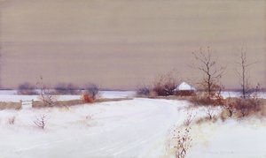 田舎の雪景色、1890年頃（トイレとガッシュ、紙） 作： Bruce Crane