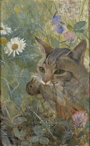口の中に幼鳥がいる猫、1885 作： Bruno Andreas Liljefors