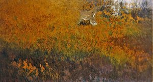 鳥の飛ぶ夏の風景」（油彩・キャンバス） 作： Bruno Andreas Liljefors
