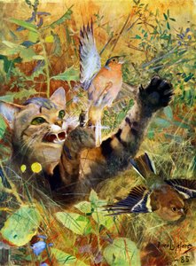 猫とチャットフィンチ、1885年1945年。 作： Bruno Andreas Liljefors