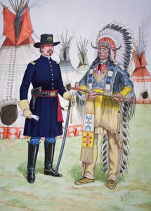 1868年のフォート・ララミー条約調印の際、米騎兵第5連隊の将校に平和のパイプを差し出すオグララ・スーのレッド・クラウド酋長（6枚組のタブローより
