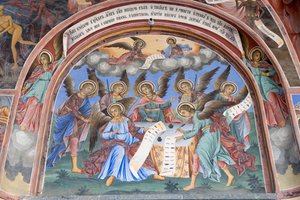 ブルガリア、リラ修道院、聖母降誕教会の天使のフレスコ画 作： Bulgarian School