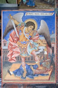 ブルガリア、リラ修道院、聖母降誕教会の聖ミカエル大天使のフレスコ画 作： Bulgarian School