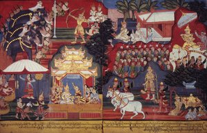 または 14297 fol.8-9 The Future Buddha Grows Up、c.1800-20 (紙にグワッシュ)