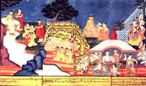 または 14298 fol.16-17 The Buddha Bathes、c.1800-20 (紙にグワッシュ) 作： Burmese School