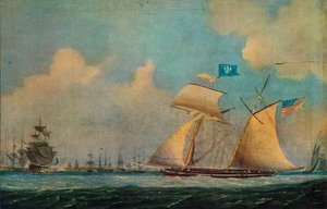 「港の近くのアメリカの私掠船と他の船」、c1815. 作： Burton