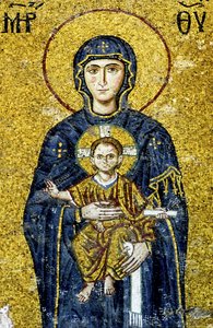 トルコのアヤソフィアのマドンナと子供を描いたコメヌスのモザイク画。 （モザイク） 作： Byzantine