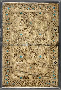 Egerton MS 1139 ダビデの生涯の場面を描いた上表紙、「メリザンドの詩篇女王」、エルサレム、1131～40年頃（アイボリー＆ターコイズ） 作： Byzantine