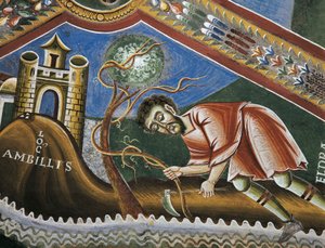 プロヴァンス、アンビリーで土を耕すエルドラド、「聖エルドラドの生涯の物語」の詳細、ビザンチン様式のロマネスク様式のフレスコ画、11世紀後半、イタリア、ピエモンテ州、ノヴァレサ修道院、聖エルドラドと聖ニコラスの礼拝堂。