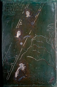 1076年にコンスタンティノープルで作られたブロンズ製のドア・タイル・スケールを、ヤコブは夢の中で天使が昇り降りするのを見ています。モンテ・サンタンジェロ（フォッジャ）、サン・ミケーレ・アルカンジェロ門（Porta di San Michele Arcangelo 作： Byzantine