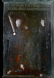 ヨスエは、1076年にコンスタンティノープルで作られたブロンズ製のドアタイルの天使と出会います。モンテ・サンタンジェロ（フォッジャ）、サン・ミケーレ・アルカンジェロの扉 作： Byzantine