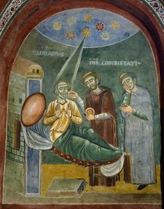 聖体を受け取る聖エルドラド、「聖エルドラドの物語」の詳細、ロマネスク様式のフレスコ画、ビザンチン様式、11世紀後半、イタリア、ピエモンテ州、ノヴァレサ修道院、聖エルドラドと聖ニコラスの礼拝堂。 作： Byzantine