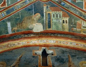 サンティアゴ・デ・コンポステーラから帰還した聖エルドラド、「聖エルドラドの生涯の物語」の詳細、ロマネスク様式のフレスコ画、ビザンチン様式、11世紀後半、イタリア、ピエモンテ州、ノヴァレサ修道院、聖エルドラドと聖ニコラスの礼拝堂。 作： Byzantine