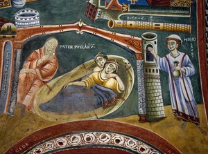 貧困に陥った裕福な商人を救い、娘の持参金を払った聖ニコラス 「聖ニコラスの物語」より詳細 ロマネスク様式フレスコ画 ビザンチン様式 11世紀後半 イタリア・ピエモンテ州ノヴァレサ修道院「聖エルドラドと聖ニコラスの礼拝堂」より 作： Byzantine