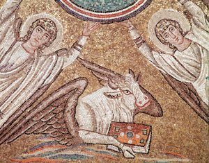 福音書記者ルカの象徴である子牛（モザイク画の細部、494-519年） 作： Byzantine