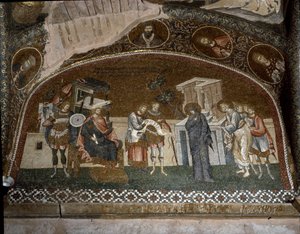 国勢調査、ヘロデ大王の前のマリアとヨセフ（1310-1320年のモザイク） 作： Byzantine