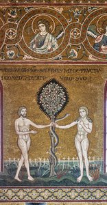 原罪、ビザンチン モザイク、旧約聖書サイクル - 地上の楽園、XII-XIII 秒 (モザイク) 作： Byzantine