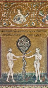 原罪、ビザンチン モザイク、旧約聖書サイクル - 地上の楽園、XII-XIII 秒 (モザイク) 作： Byzantine