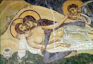 ビザンチン美術。「キリストの死に関する嘆き」 12世紀の画家のフレスコ画。詳細はこちらネレツィ、サンパンタレイモーネ、マケドイネ