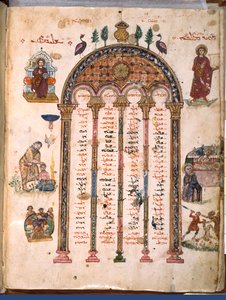 F.4v、カノンテーブル、ラブラ福音書、西暦586年（ベラムのテンペラ） 作： Byzantine School