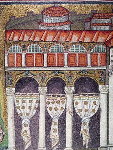 テオドリコ宮殿の左翼、527-99年（モザイク）（224988のディテール 作： Byzantine School