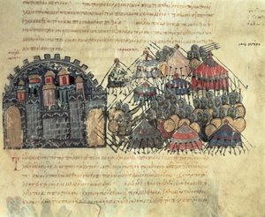 MMS Vitr. 26-7 メッシーナを包囲するビザンチン、マドリッド スカイリッツ (ベラム) 作： Byzantine School