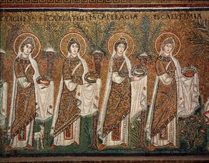 処女の行列（モザイク画の詳細、6世紀） 作： Byzantine School