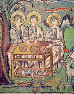 3人の天使、アブラハムのホスピタリティとイサクの犠牲の詳細、6世紀（モザイク）（154709を参照） 作： Byzantine School
