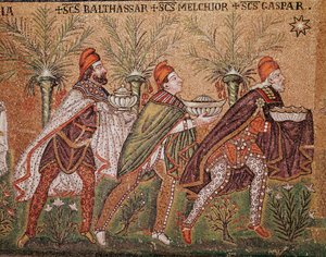 マギの礼拝（モザイク画の詳細、6世紀） 作： Byzantine School