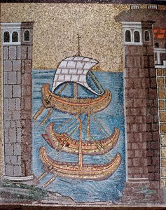クラッセの港の船の眺め（モザイクの詳細、6世紀 作： Byzantine School