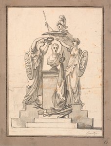 胸像 (神父 VI?) は、紋章付きの 3 人の女性によって戴冠されています。 作： C.A. Lorentzen