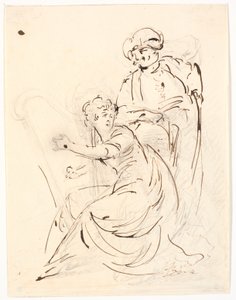 ハープ奏者の女性。 彼女の後ろにはターバンを巻いた男 作： C.A. Lorentzen