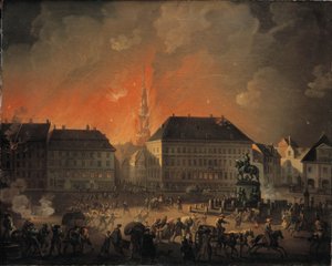 最もひどい夜。 1807 年 9 月 4 ～ 5 日の夜のコペンハーゲンに対するイギリス軍の砲撃中のコペンハーゲンのコンゲンス ニュートーの眺め 作： C.A. Lorentzen