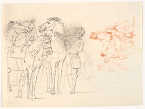 2 つのスケッチ。 テレビ 馬と 2 人の男性の鉛筆画。 T.h。 人物のグループが描かれた赤いチョークのスケッチ 作： C.A. Lorentzen
