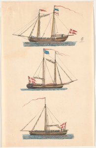 デンマーク国旗を掲げた 3 隻の海軍艦艇。 オール動力 作： C.A. Lorentzen