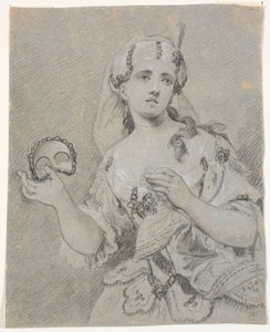 ハーフマスクを手にトルコの衣装を着た若い女性 作： C.A. Lorentzen