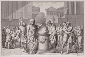 1849年にB.Barlocciniによって彫刻された、ガリア人の退却後のカミルスとマンリウスの出会い 作： C.C Perkins