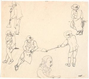 6 人の男性像、シャベルを持った 2 人、座っている 3 人、男性の横顔のスケッチ 作： C.D. Fritzsch