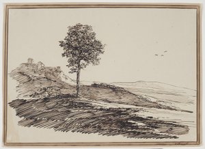 背景の家で、木のある山の風景 作： C.F. von Rumohr