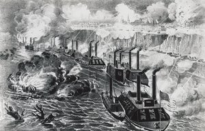 デービッド・ディクソン・ポーター提督の艦隊は、ヴィックスバーグでミシシッピの反乱軍の封鎖を実行している（4月16日 作： J.B. and Brown J. Rowbotham