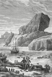 フランスの探検家イヴ＝ジョゼフ・ド・ケルゲレン＝トレマレック（1734～1797）によるオーストラルフランス（ケルゲレン諸島）の発見、1772年2月、彫刻、インド洋、フランス南・南極地域の領土