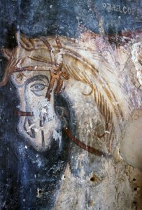 ギリシャ、クレタ島、ヴァティアコ、アギオス・ゲオルギオス教会のフレスコ画に描かれた馬（写真）。 作： J.B. and Brown J. Rowbotham