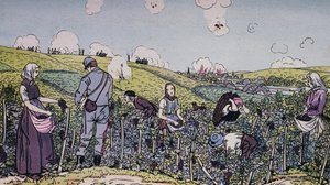 戦火の中で収穫したワイン生産者たち、1914年のシャンパーニュ地方の収穫、第一次世界大戦、フランス、20世紀 作： J.B. and Brown J. Rowbotham