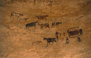 家畜のいる日常生活の風景、岩絵、タッシリ・ンアジェ（ユネスコ世界遺産登録