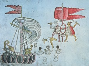 1519年にアステカ人と戦うために上陸したエルナン・コルテスのスペイン兵（1550年頃のアズカティトラン写本より）（カラーリトグラフ 作： J.B. and Brown J. Rowbotham